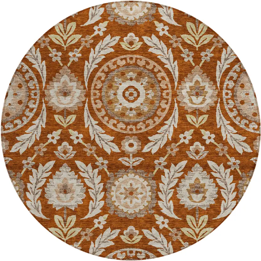 8' Orange Taupe And Gold Round Floral Washable Indoor Outdoor Area Rug Photo 1