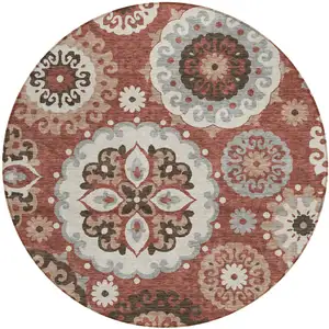 Photo of 8' Orange Taupe And Gray Round Floral Medallion Washable Indoor Outdoor Area Rug