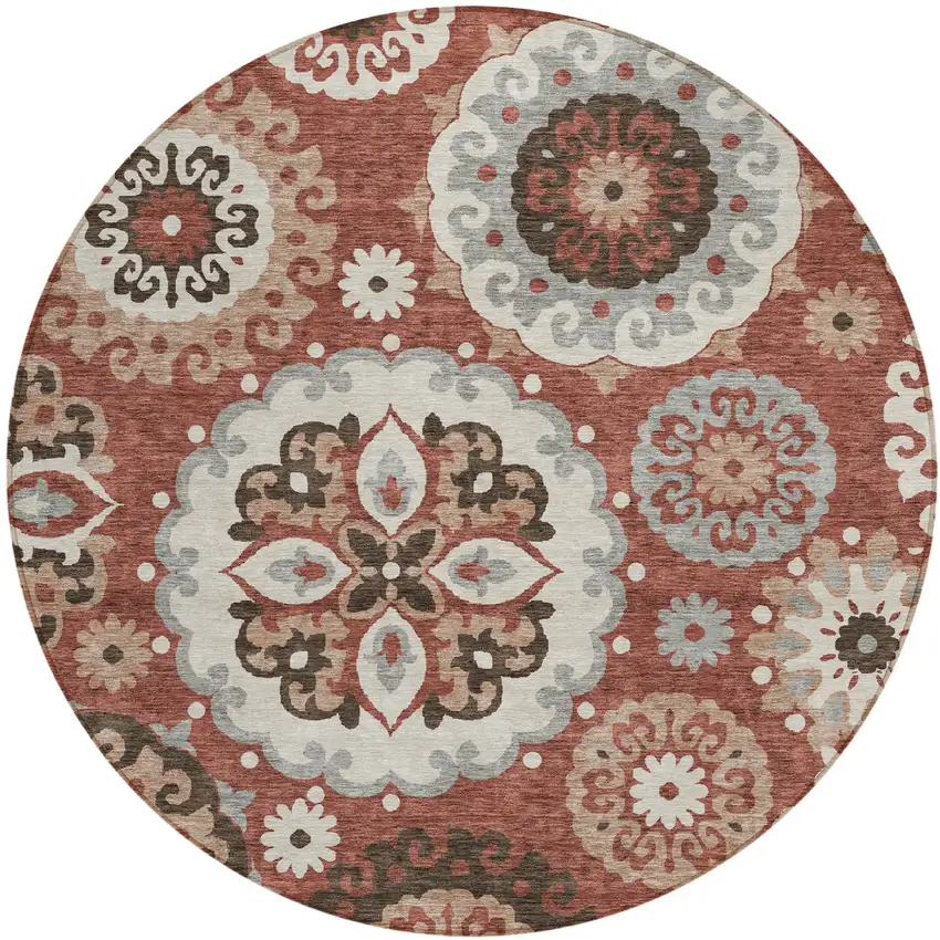 8' Orange Taupe And Gray Round Floral Medallion Washable Indoor Outdoor Area Rug Photo 1