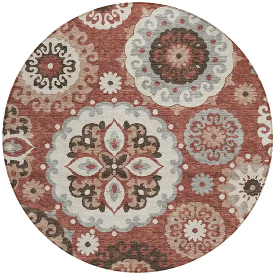 8' Orange Taupe And Gray Round Floral Medallion Washable Indoor Outdoor Area Rug Photo 5