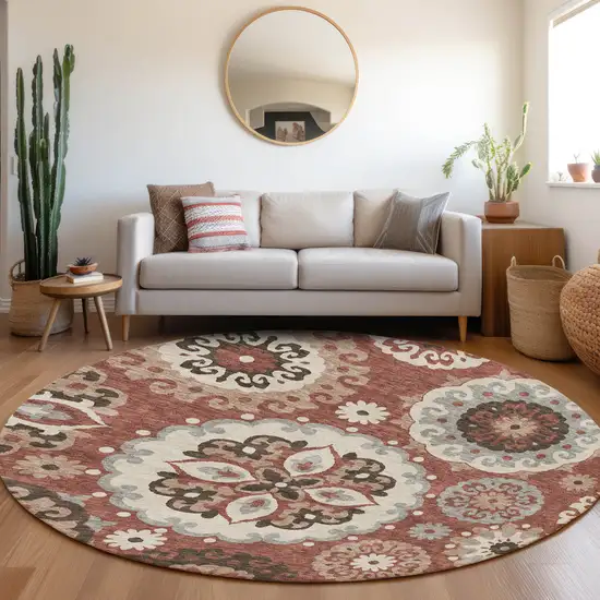 8' Orange Taupe And Gray Round Floral Medallion Washable Indoor Outdoor Area Rug Photo 8