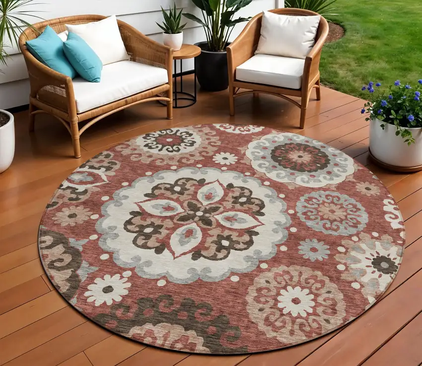 8' Orange Taupe And Gray Round Floral Medallion Washable Indoor Outdoor Area Rug Photo 1