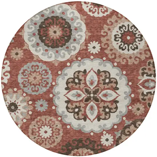 8' Orange Taupe And Gray Round Floral Medallion Washable Indoor Outdoor Area Rug Photo 6