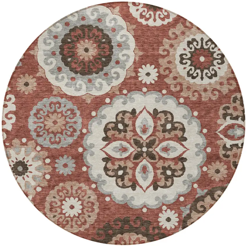 8' Orange Taupe And Gray Round Floral Medallion Washable Indoor Outdoor Area Rug Photo 6