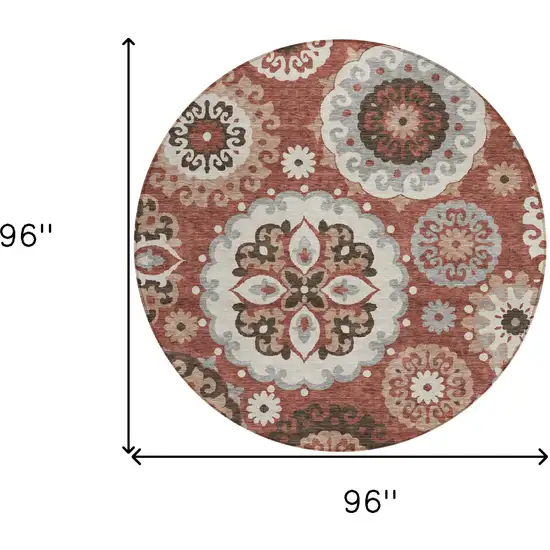8' Orange Taupe And Gray Round Floral Medallion Washable Indoor Outdoor Area Rug Photo 9