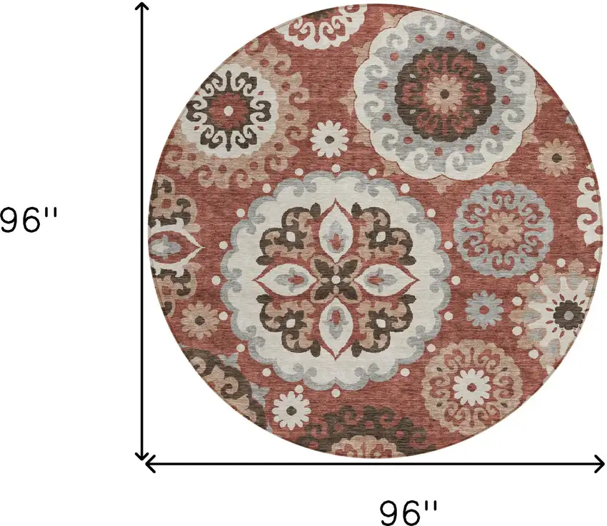 8' Orange Taupe And Gray Round Floral Medallion Washable Indoor Outdoor Area Rug Photo 9