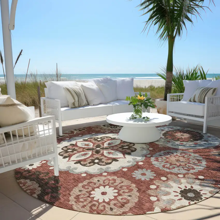 8' Orange Taupe And Gray Round Floral Medallion Washable Indoor Outdoor Area Rug Photo 7