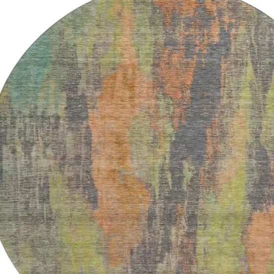 8' Orange Teal And Gold Abstract Washable Round Rug With UV Protection Photo 2