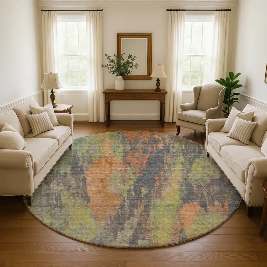 8' Orange Teal And Gold Abstract Washable Round Rug With UV Protection Photo 4