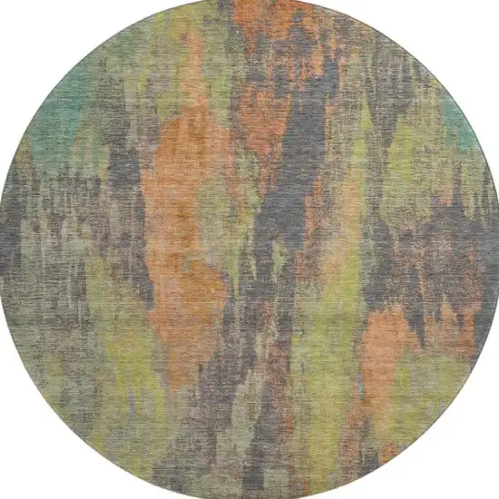 8' Orange Teal And Gold Abstract Washable Round Rug With UV Protection Photo 3