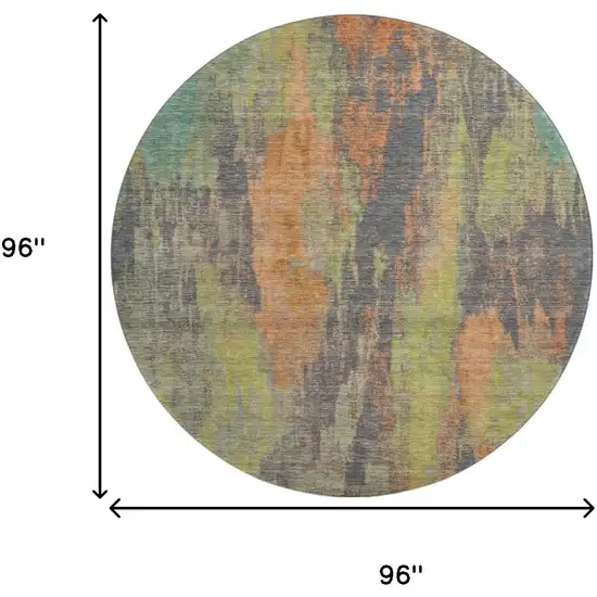 8' Orange Teal And Gold Abstract Washable Round Rug With UV Protection Photo 9