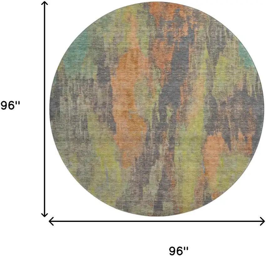 8' Orange Teal And Gold Abstract Washable Round Rug With UV Protection Photo 9