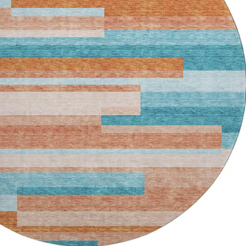 8' Orange Teal And Peach Striped Washable Round Rug With UV Protection Photo 2