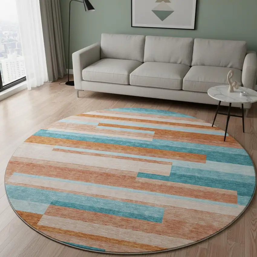 8' Orange Teal And Peach Striped Washable Round Rug With UV Protection Photo 2