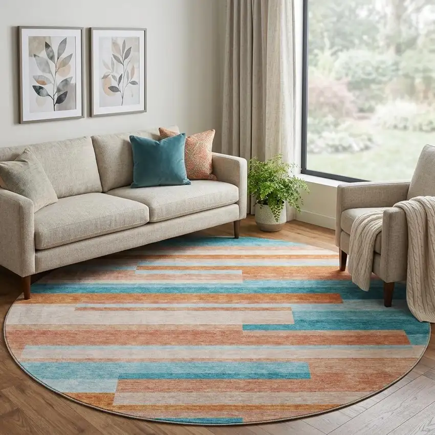 8' Orange Teal And Peach Striped Washable Round Rug With UV Protection Photo 1