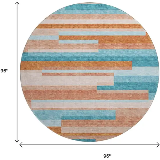 8' Orange Teal And Peach Striped Washable Round Rug With UV Protection Photo 9