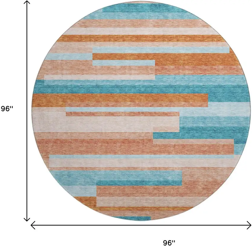 8' Orange Teal And Peach Striped Washable Round Rug With UV Protection Photo 9