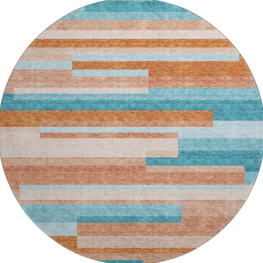 8' Orange Teal And Peach Striped Washable Round Rug With UV Protection Photo 3