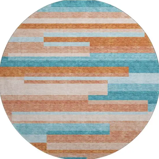 8' Orange Teal And Peach Striped Washable Round Rug With UV Protection Photo 3