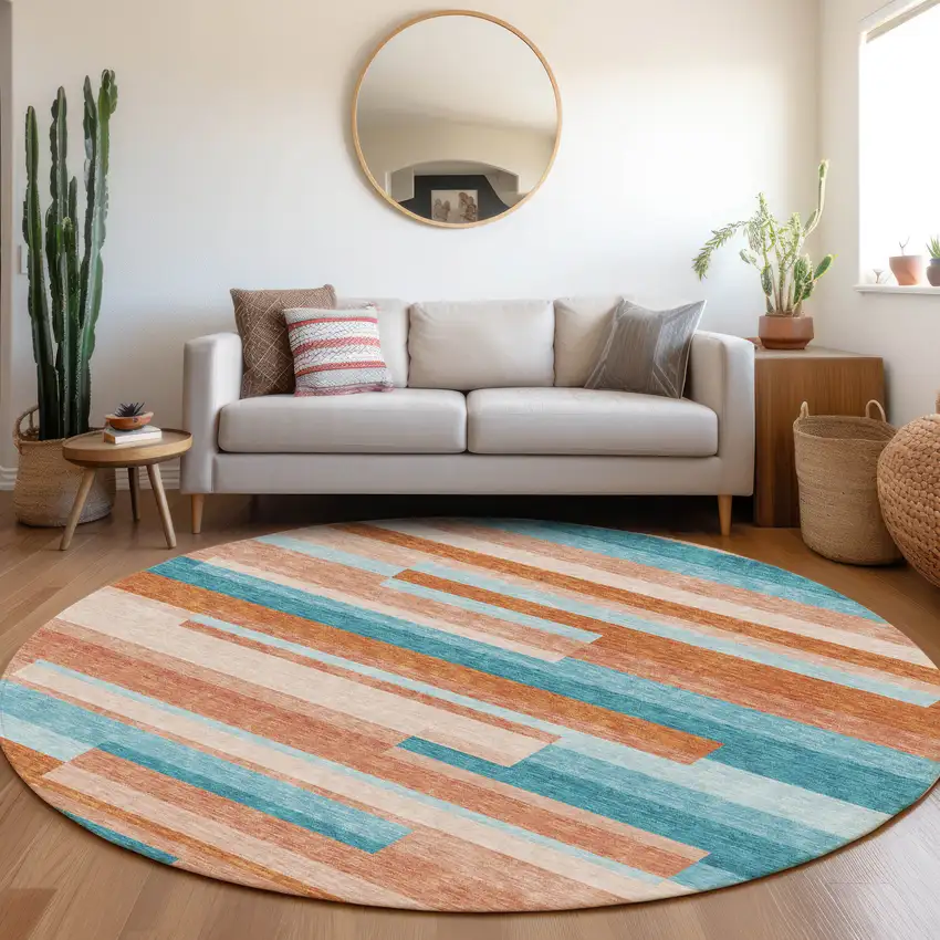 8' Orange Teal And Peach Striped Washable Round Rug With UV Protection Photo 4