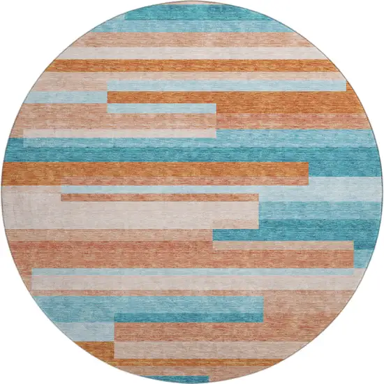 8' Orange Teal And Peach Striped Washable Round Rug With UV Protection Photo 1