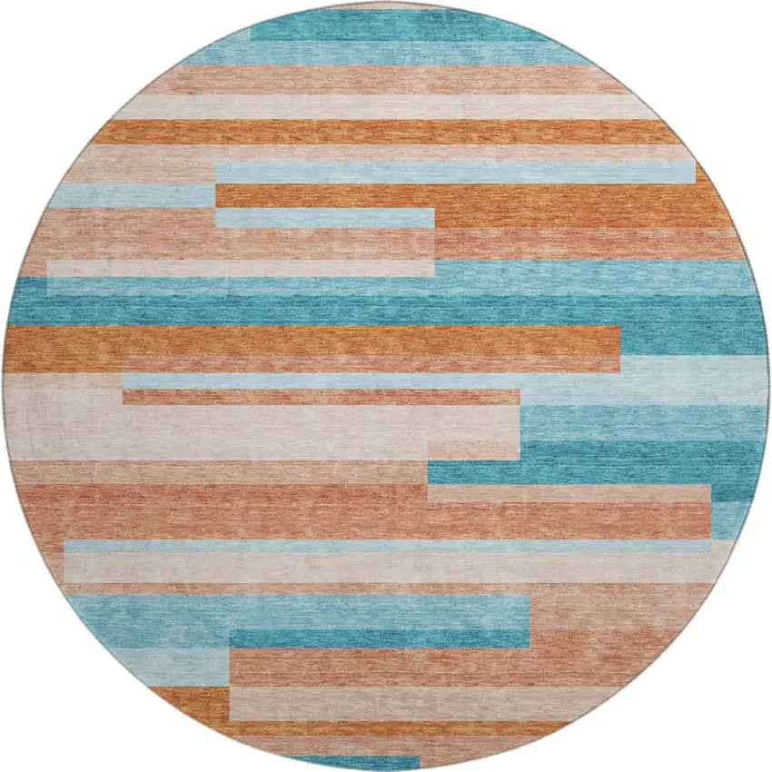 8' Orange Teal And Peach Striped Washable Round Rug With UV Protection Photo 1