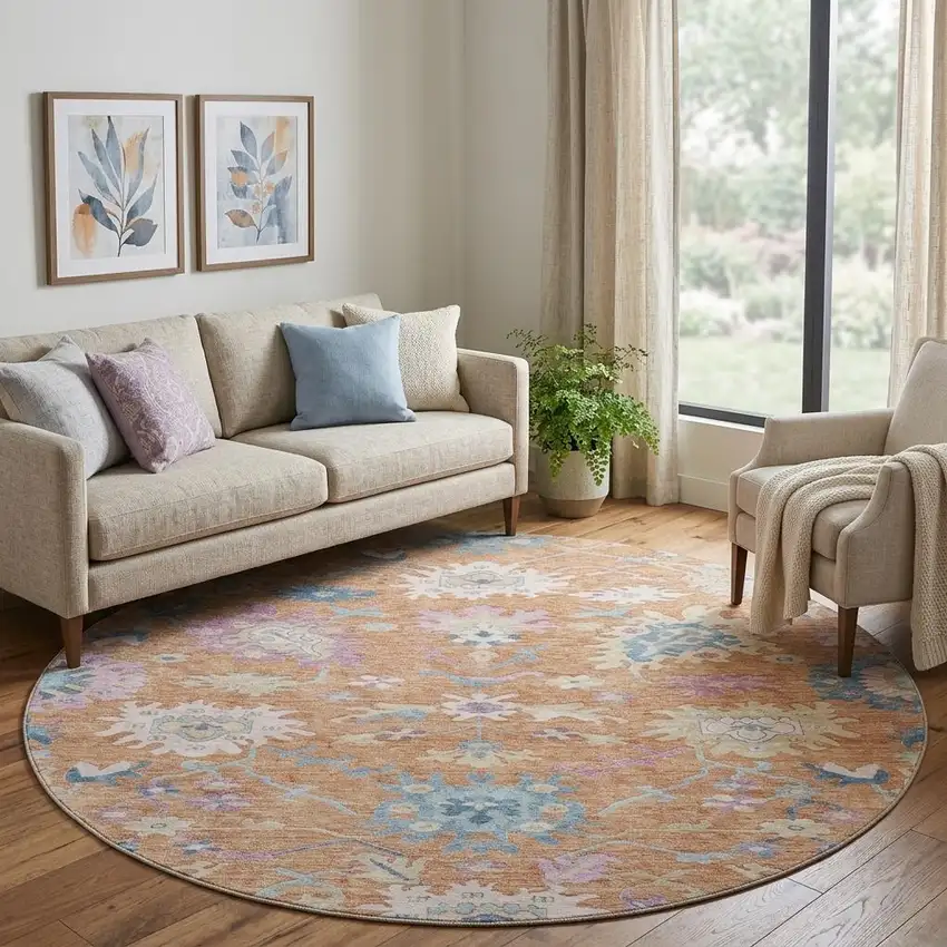 8' Orange Teal And Pink Floral Washable Round Rug With UV Protection Photo 1
