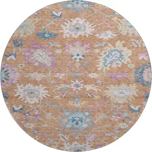 Photo of 8' Orange Teal And Pink Floral Washable Round Rug With UV Protection
