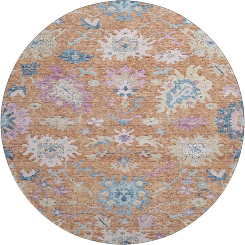 8' Orange Teal And Pink Floral Washable Round Rug With UV Protection Photo 1