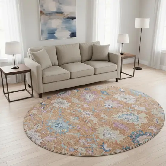 8' Orange Teal And Pink Floral Washable Round Rug With UV Protection Photo 2