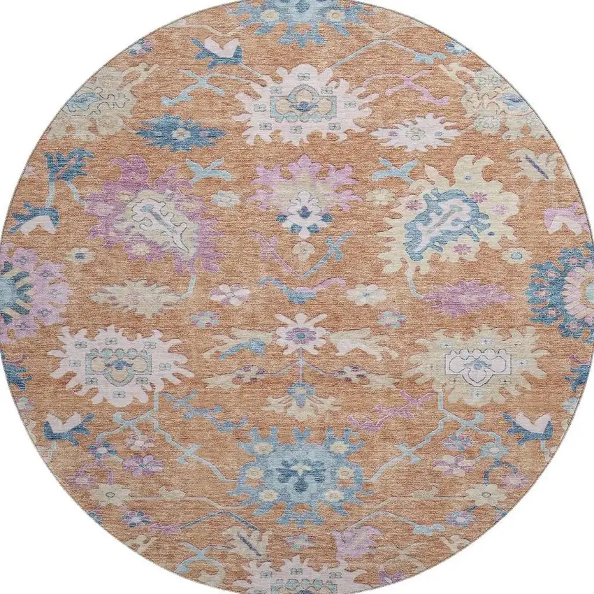 8' Orange Teal And Pink Floral Washable Round Rug With UV Protection Photo 3
