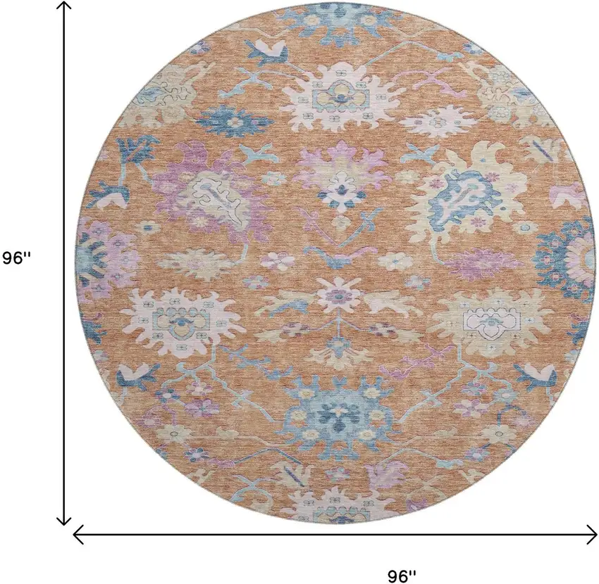 8' Orange Teal And Pink Floral Washable Round Rug With UV Protection Photo 9