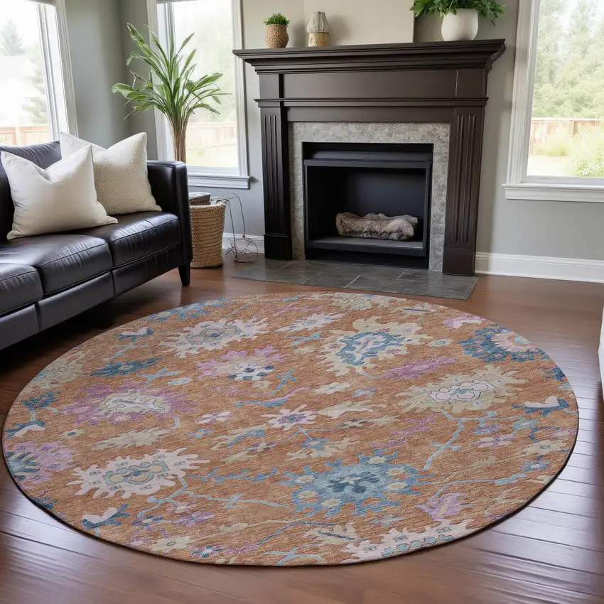 8' Orange Teal And Pink Floral Washable Round Rug With UV Protection Photo 4