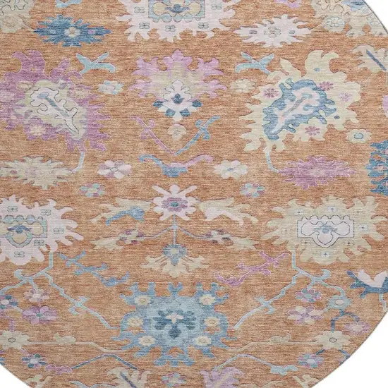 8' Orange Teal And Pink Floral Washable Round Rug With UV Protection Photo 2