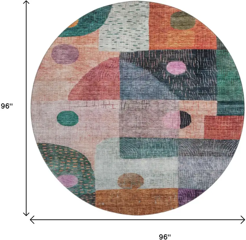 8' Orange Teal And Purple Geometric Washable Round Rug With UV Protection Photo 9