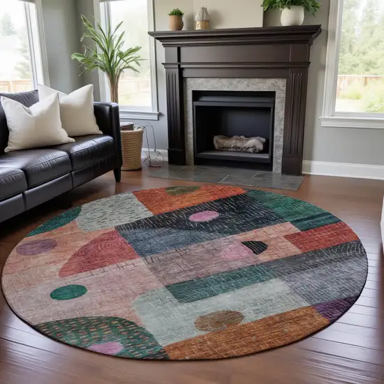 8' Orange Teal And Purple Geometric Washable Round Rug With UV Protection Photo 4