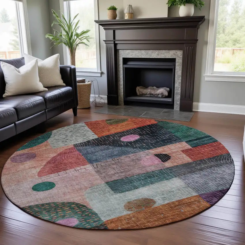 8' Orange Teal And Purple Geometric Washable Round Rug With UV Protection Photo 4