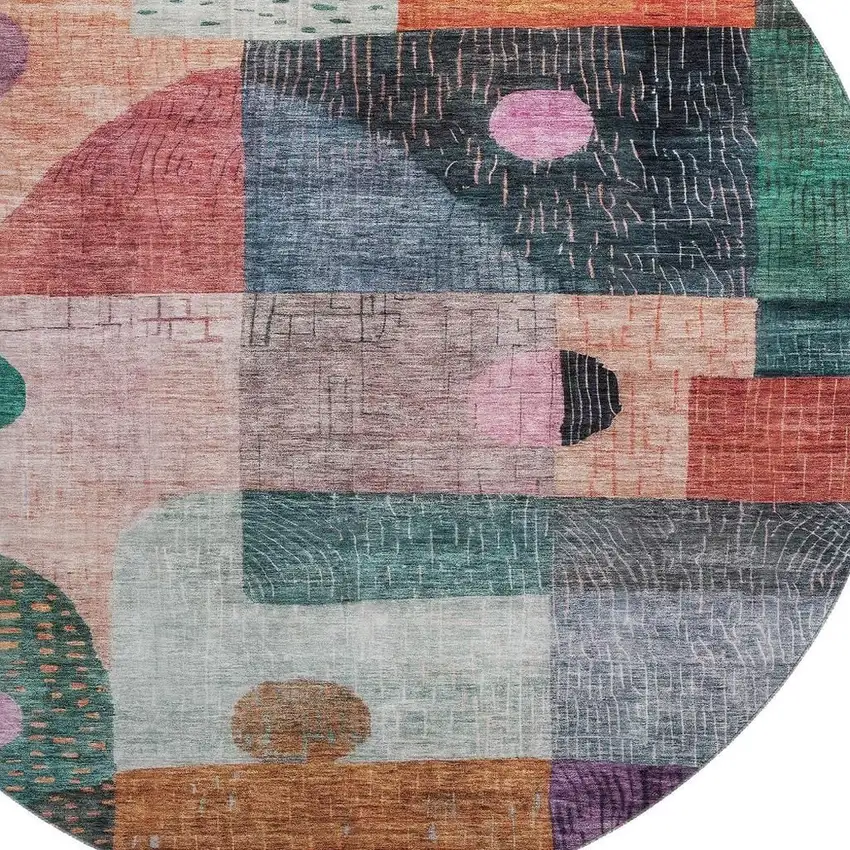 8' Orange Teal And Purple Geometric Washable Round Rug With UV Protection Photo 2