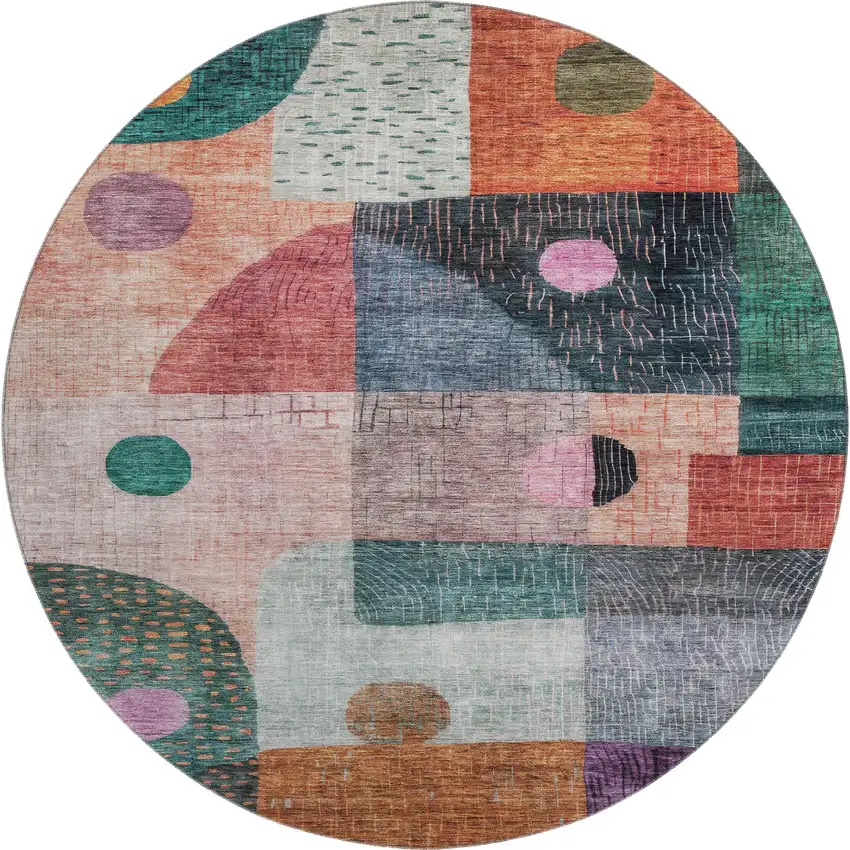 8' Orange Teal And Purple Geometric Washable Round Rug With UV Protection Photo 1