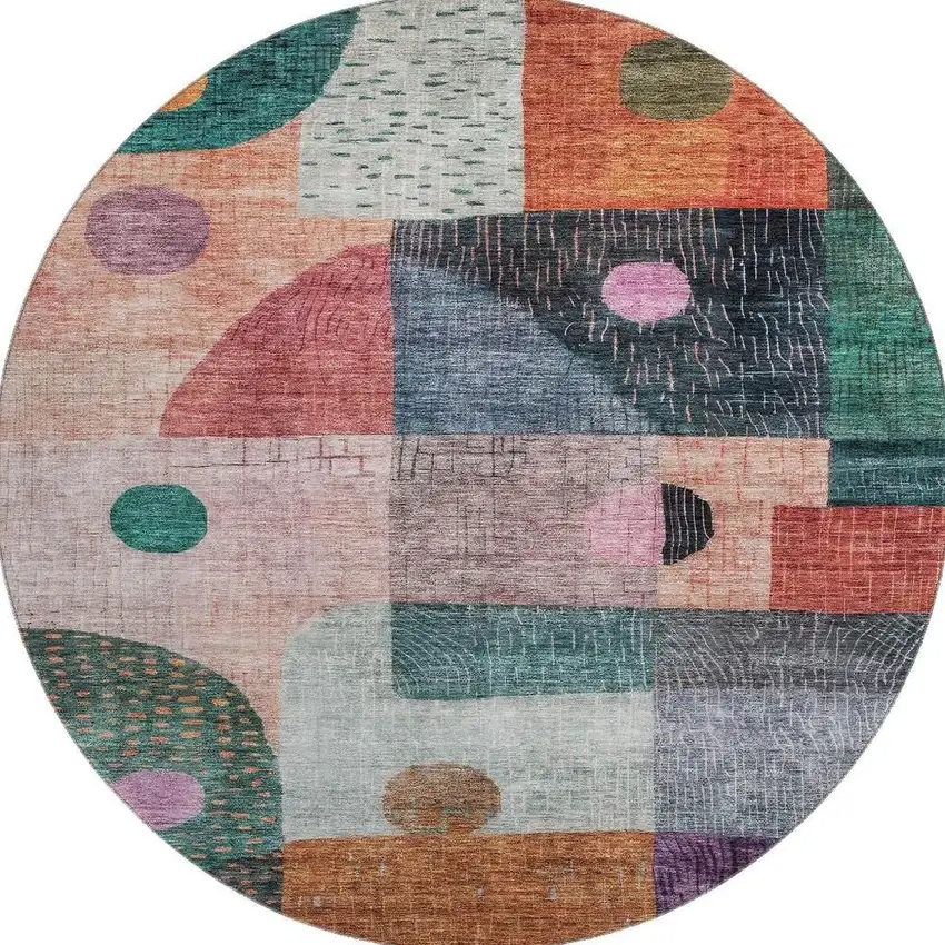8' Orange Teal And Purple Geometric Washable Round Rug With UV Protection Photo 3
