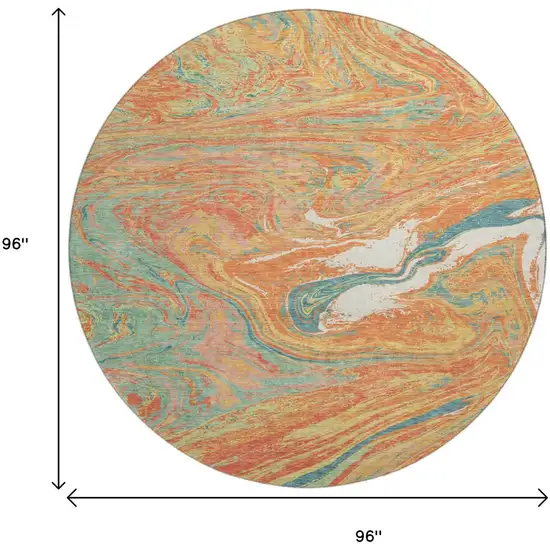 8' Orange Teal And Sage Abstract Washable Round Rug With UV Protection Photo 9