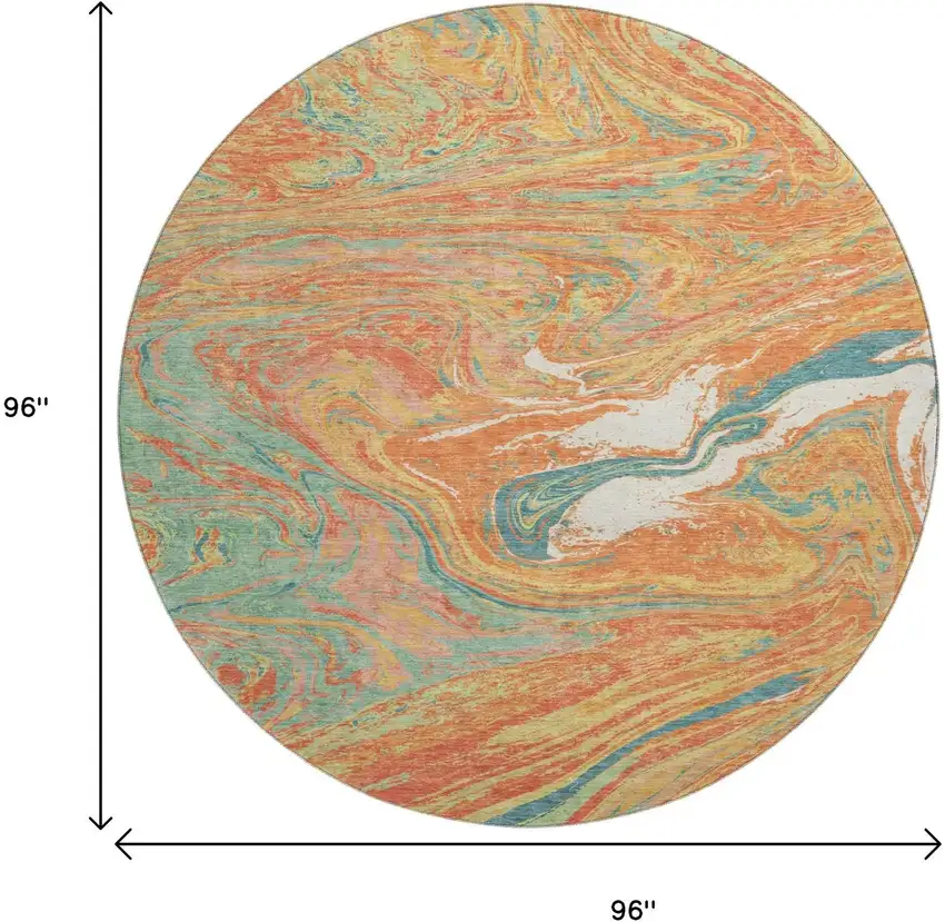 8' Orange Teal And Sage Abstract Washable Round Rug With UV Protection Photo 9