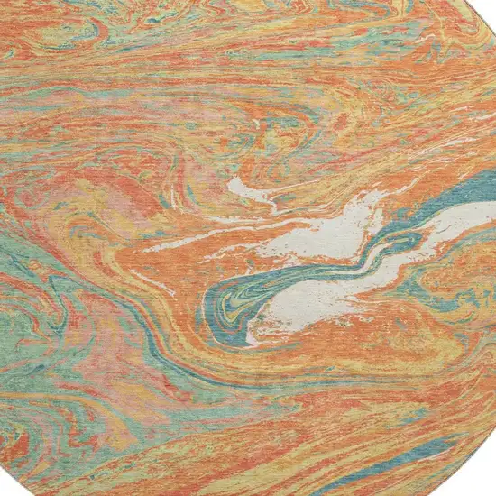 8' Orange Teal And Sage Abstract Washable Round Rug With UV Protection Photo 2