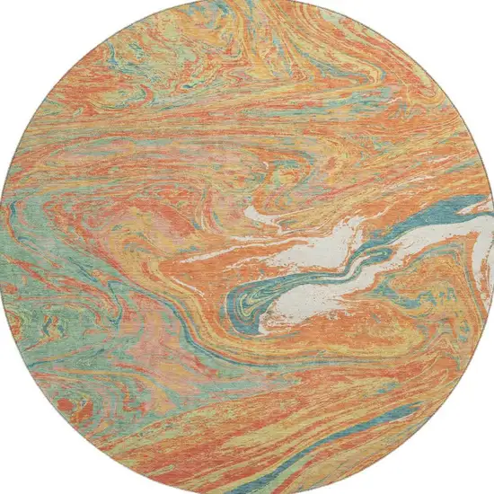 8' Orange Teal And Sage Abstract Washable Round Rug With UV Protection Photo 3