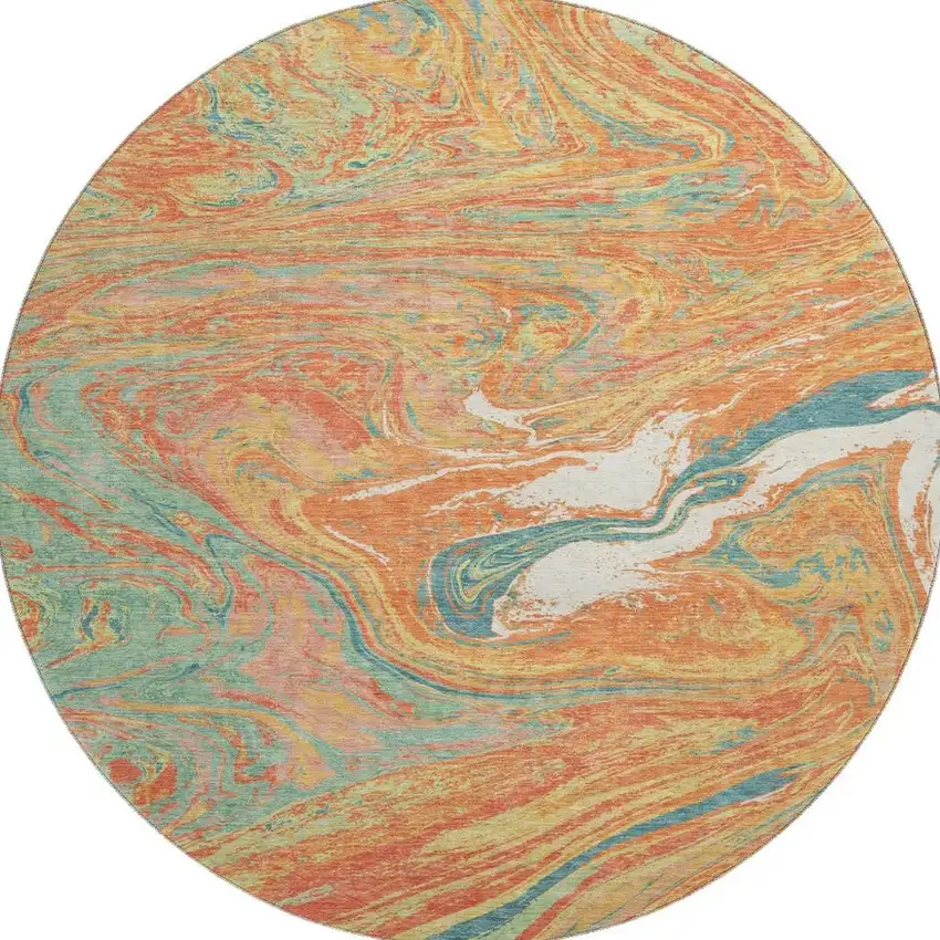 8' Orange Teal And Sage Abstract Washable Round Rug With UV Protection Photo 3