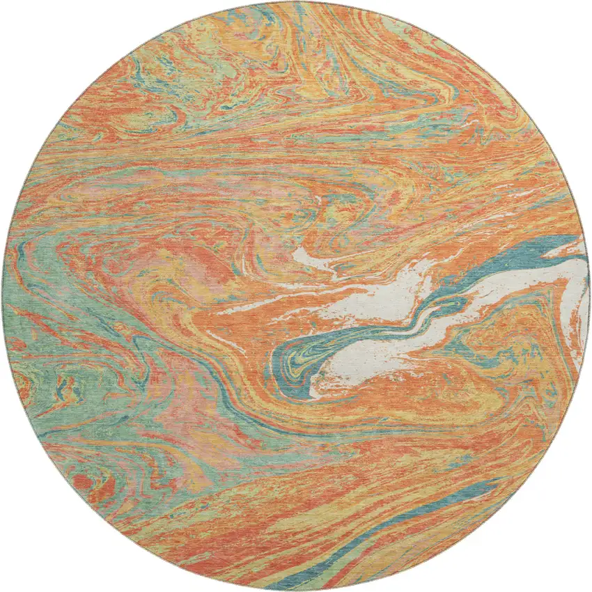 8' Orange Teal And Sage Abstract Washable Round Rug With UV Protection Photo 1