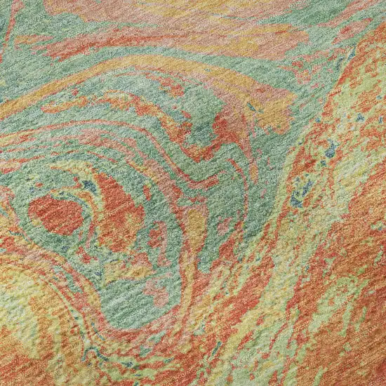 8' Orange Teal And Sage Abstract Washable Round Rug With UV Protection Photo 8