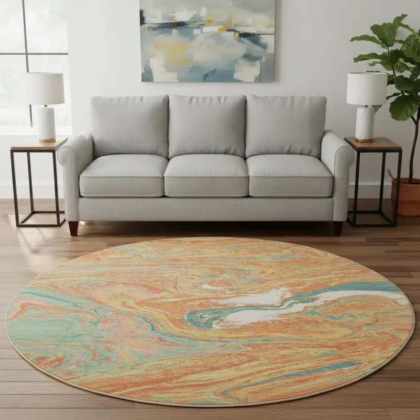 8' Orange Teal And Sage Abstract Washable Round Rug With UV Protection Photo 2