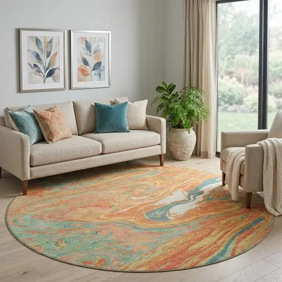 8' Orange Teal And Sage Abstract Washable Round Rug With UV Protection Photo 1