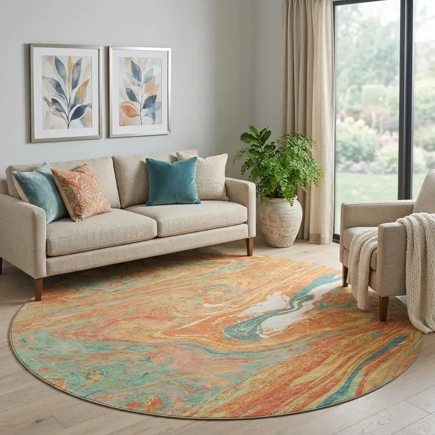 8' Orange Teal And Sage Abstract Washable Round Rug With UV Protection Photo 1